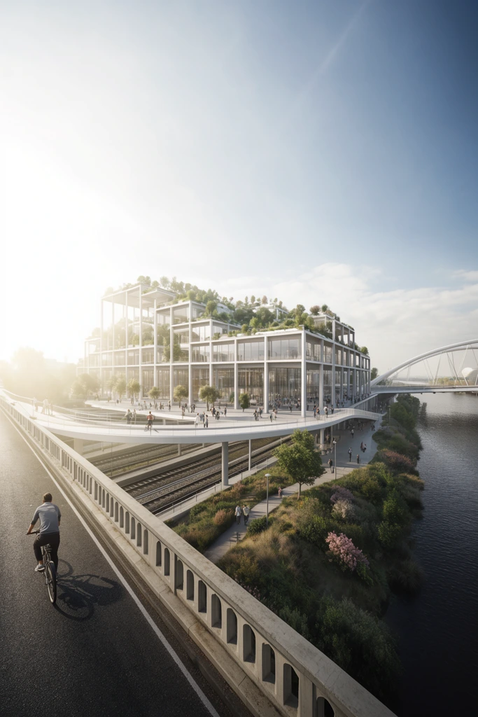 A sprawling, multi-tiered modern architectural complex with a white grid framework, expansive glass facades, and heavily planted terraced rooftops sits beside a river. A sweeping, curved pedestrian ramp connects the plaza to the structure above train tracks and a landscaped riverbank. In the left foreground, a cyclist rides along an asphalt overpass bounded by a concrete balustrade. Intense, hazy sunlight flares from the upper left, casting a bright volumetric glow over the photorealistic rendering. A white tied-arch bridge spans the dark water in the right background.