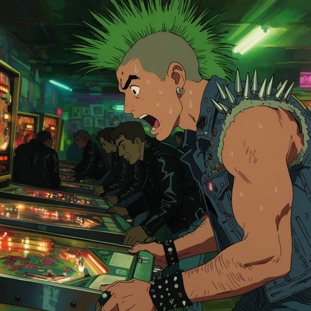 Traditional cel-shaded anime style. A muscular punk with a green mohawk sweats profusely, mouth agape in shock, playing a glowing retro pinball machine. He wears a spiked denim vest. Background patrons in leather jackets hunch over similar machines in a dim neon arcade illuminated by greenish overhead fluorescent lights. Profile angle, medium shot, flat color palette.