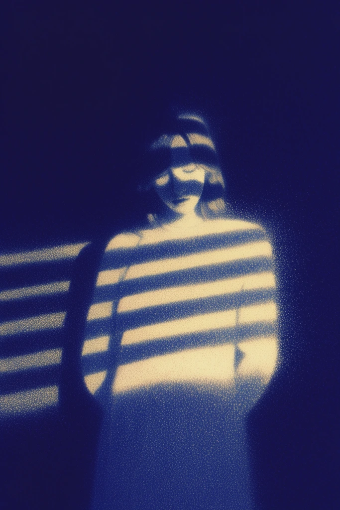 A woman obscured by horizontal bands, emerging from a deep, inky indigo void in a highly textured, pointillist illustration style. The figure and the intersecting horizontal bands are illuminated in luminous, pale warm yellow and cream tones, creating a stark, high-contrast chiaroscuro against the vast, solid ultramarine background. The light bleeds outward in a heavy, stippled scatter of tiny glowing dots, giving the scene a grainy, ethereal, and bioluminescent atmosphere. Strong silhouettes and heavy negative space define the composition, while the glowing speckled texture softens the edges of the horizontal bands and the woman's obscured form, seamlessly blending the warm, radiating illumination into the deep nocturnal blue.
