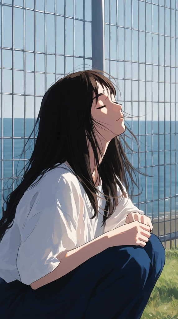 A tranquil 2D illustration of a young woman with long dark hair crouching by a metal wire fence, her face tilted up to the sun with closed eyes. She wears a loose white short-sleeved shirt and dark blue trousers, rendered with high-contrast bright sunlight and deep shadows. Strands of her dark hair blow gently in the breeze. Behind the tall grid of the fence, a calm blue ocean stretches to a flat horizon line under a clear, pale blue sky. A narrow patch of green grass is visible at the bottom right corner. The artwork features crisp line art, soft shading, and a cinematic, serene atmosphere.