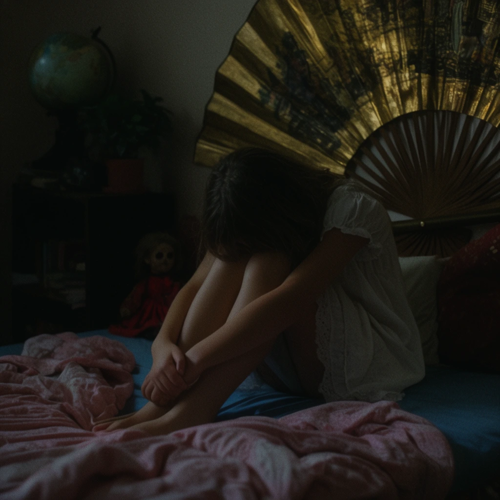 hunched young person sitting on a bed, hugging knees with face hidden, wearing a white nightgown, rumpled pink blankets on a blue mattress, dark bedroom setting, large golden decorative fan leaning against the back wall, shadowy doll in red nearby, dark shelf with a globe and potted plant left, deep shadows, cinematic low-key lighting, moody atmospheric scene, pronounced film grain, muted color palette