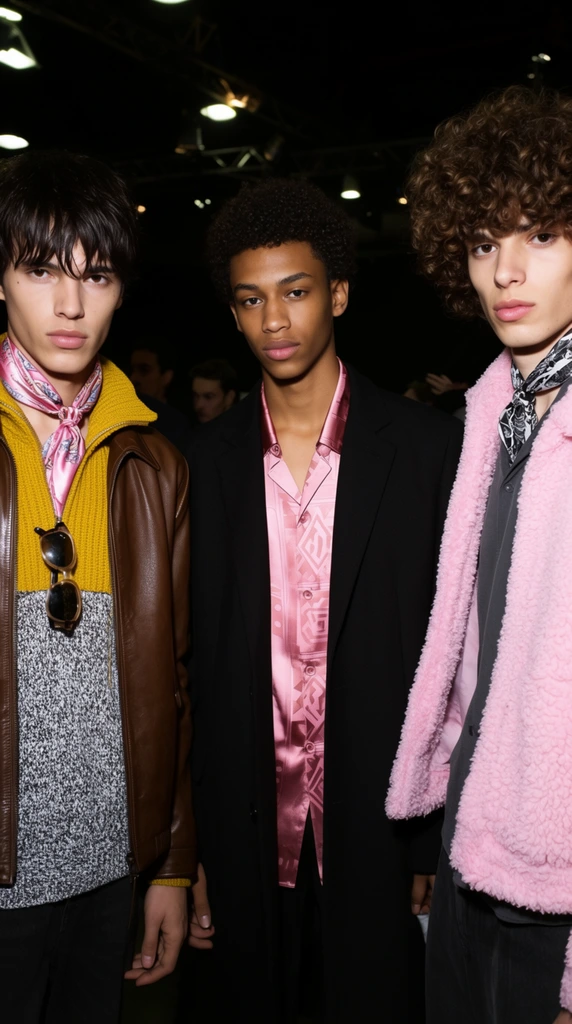 Three young male models stand closely together in a dimly lit backstage setting, illuminated by harsh, direct flash photography. The left model features messy dark bangs, wearing a brown leather jacket over a half-yellow, half-speckled-grey zipped knit sweater, a pink patterned silk scarf, and hanging sunglasses. The central model has short curly hair and medium-dark skin, dressed in a long black overcoat open over a silky pink button-down shirt with geometric motifs. The right model has voluminous curly brown hair, donning a fuzzy pastel pink fleece jacket over a dark grey shirt and a black-and-white patterned scarf. The background is cast in deep shadow with out-of-focus overhead venue lights and faint silhouettes of bystanders. The composition uses a tight waist-up framing, with high-contrast lighting sharply defining the rich textures of leather, knitwear, silk, and fleece.