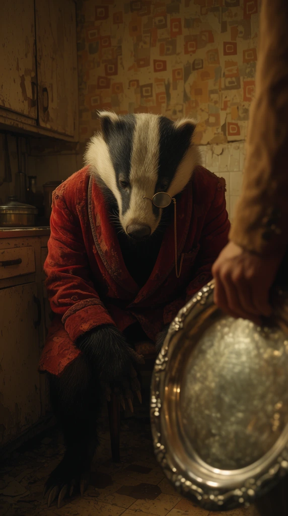 A weary, anthropomorphic badger wearing a faded red smoking jacket and a monocle sits slumped forward on a stool in a run-down kitchen with peeling geometric wallpaper. An out-of-focus arm in the immediate right foreground holds a large, ornate silver platter. The cinematic composition features low-key lighting, casting deep shadows that emphasize the gritty, surreal atmosphere of the warm, sickly-hued room.