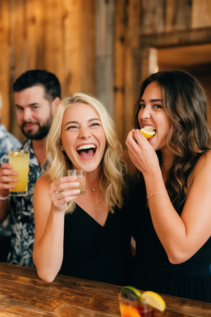 Three women in black dresses joyfully take drinks at a rustic wooden bar. A blonde woman laughs exuberantly holding a small glass, while the brunette beside her playfully bites a lemon wedge. A bearded man in a patterned shirt holds a yellow beverage in the background. Warm event lighting and a shallow depth of field capture the candid celebration against softly blurred wood panels.
