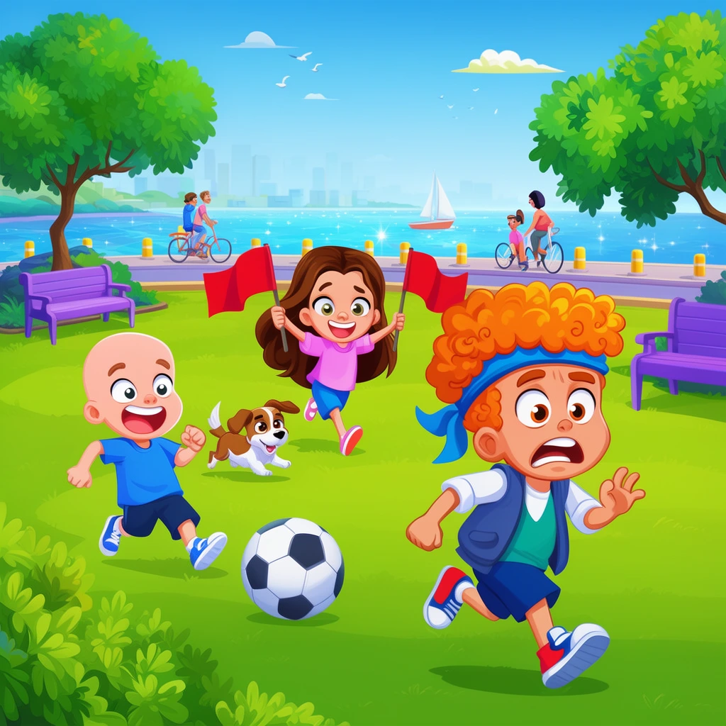 A vibrant 2D cartoon illustration of children playing in a bright coastal park. In the foreground, a boy with curly orange hair, a blue headband, and a panicked expression sprints away. Behind him, a smiling girl with long brown hair bounds across the green grass holding two red flags, trailed by a small brown and white dog. To the left, a bald boy in blue runs enthusiastically near a classic black and white soccer ball. The scenic background includes purple benches, leafy green trees, and a sunny promenade lined with yellow bollards next to sparkling blue water. Distant figures cycle and stroll near a sailboat, with a hazy city skyline resting under a clear blue sky with a few birds and clouds. The artwork features highly saturated colors, flat shading, and exaggerated, energetic character designs.