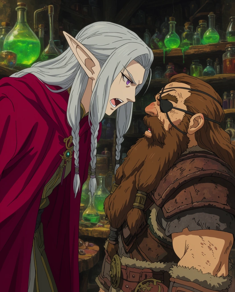 A silver-haired elf leans aggressively toward a bearded dwarf inside a cluttered alchemist workshop. The tall elf features sharp violet eyes and a crimson robe, leaning close with a shouting mouth. The dwarf, wearing scarred leather armor and an eyepatch, stares back with a shocked expression. The background is densely packed with wooden shelves, bubbling glass flasks, and glowing green potions. Rendered in a traditional 2D anime cel style with precise linework, flat vibrant character shading, and a meticulously painted environment.
