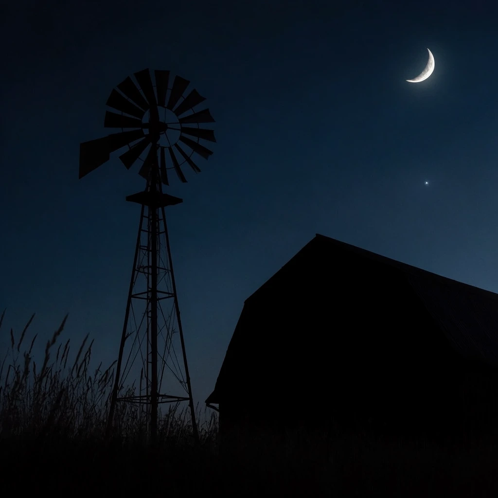 silhouetted farm landscape at night, deep midnight blue sky, pure black silhouette of a tall lattice windmill on the left, massive pitched-roof barn silhouette on the right, glowing crescent moon in the upper right, single bright star, silhouetted tall grass in the lower left foreground, stark high contrast, minimalist composition, dark atmospheric photography, cinematic wide shot