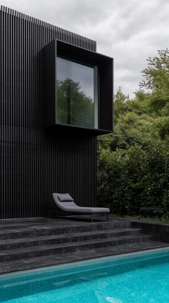 modern dark architectural house, vertical slatted facade, protruding box window, grey lounge chair on stepped dark stone terrace, turquoise swimming pool, lush greenery, overcast sky, architectural photography