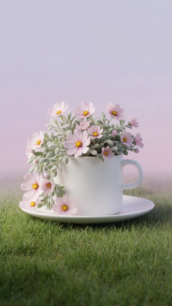 ultra-minimalist surrealist still life, porcelain teacup and saucer resting on lush green grass with tiny pink flowers, a dense bouquet of baby pink cosmos and soft green leaves emerging from the cup, soft ethereal lighting with a pastel periwinkle and hazy pink gradient background, dreamy vaporwave aesthetic, hyper-realistic textures, soft diffused glow, serene and whimsical atmosphere, clean composition, high-end cgi render style, soft pastel palette, dreamcore vibes