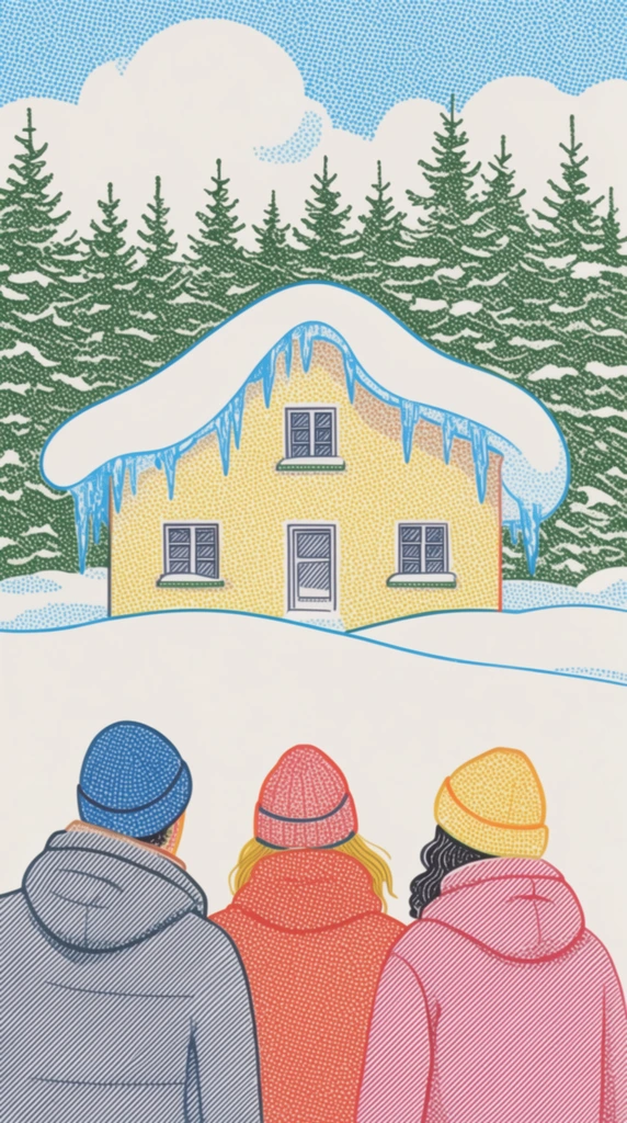 Three figures in winter coats and colorful beanies look toward a snow-covered house and dense pine forest in a stylized illustration mimicking vintage CMYK pop-art printing. Intricate Ben-Day dots, fine parallel hatching, and stippling form the vibrant colors and shading. The yellow-dotted house features ground-floor windows and an undulating snowdrift on its roof accented with bright blue icicles. Stylized white clouds and cyan dotted sky patches frame the background. Crisp colored outlines define the densely patterned subjects, creating striking visual contrast against the vast, flat white snow filling the foreground.