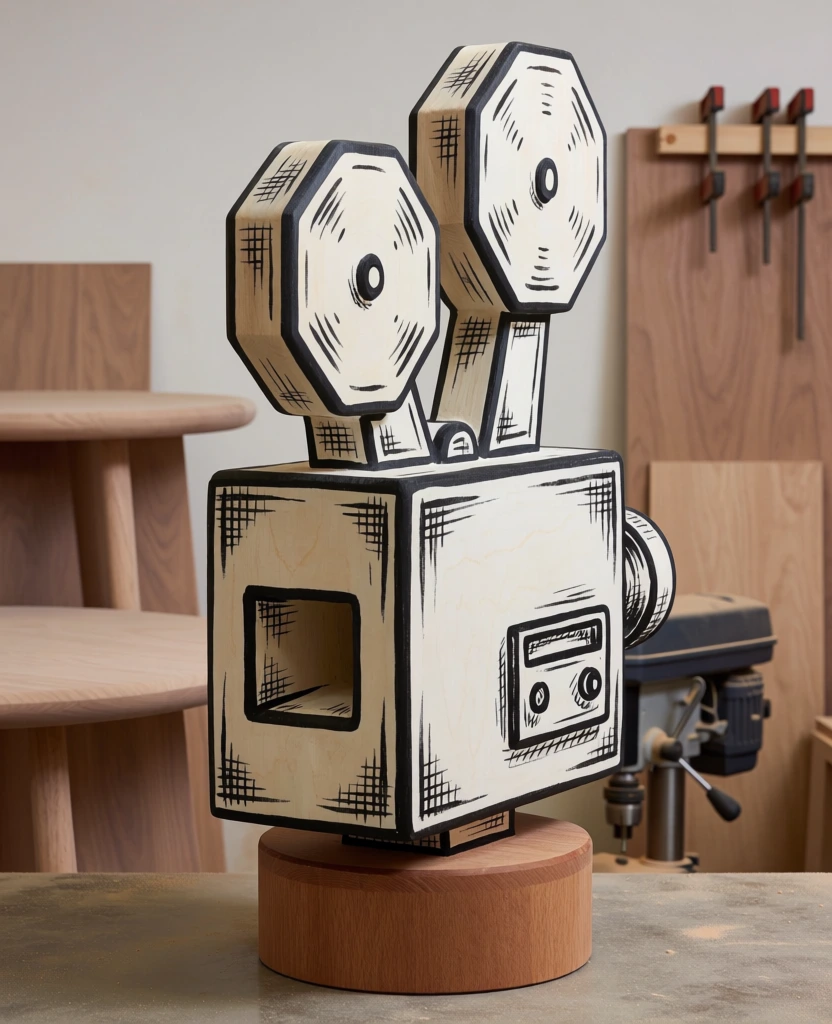 A three-dimensional wooden sculpture of a vintage film projector, painted with a cel-shaded aesthetic to resemble a hand-drawn 2D illustration, stands in the center of a woodworking shop. The sculpture is primarily cream-colored with thick, bold black outlines along its edges and cross-hatched black ink-like marks to simulate shading and texture. It features a large rectangular body with a square aperture on its front face and two vertical arms on its top surface that support two large, octagonal-shaped film reels with circular cutouts. On the side of the main body, a small sketched rectangle with circular details depicts a control panel or cassette door. The sculpture sits atop a cylindrical, reddish-brown base. The background shows the interior of a workshop with various woodworking tools and materials, including stacks of light-colored wood on a workbench to the left, metal clamps hanging on a wooden-paneled wall to the right, and a drill press partially visible in the distance. The lighting is even and soft, coming from an overhead source, which emphasizes the contrast between the sculpture's graphic lines and its three-dimensional form. The camera angle is a three-quarter view from a slightly elevated position, capturing both the front and side of the piece.
