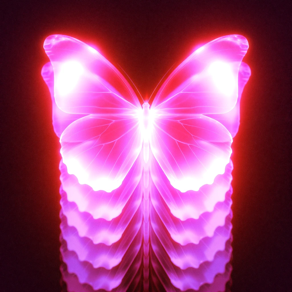 A glowing, symmetrical butterfly radiates intense neon pink and magenta light against a dark, heavily grained background. Bright white hotspots illuminate its translucent wings. A descending, motion-blurred trail of ghostly echoes repeats beneath the main subject, forming a cascading spectral spine. The artwork features intense bloom, heavy film grain, and a long-exposure light painting aesthetic to produce a rhythmic, hypnotic composition.
