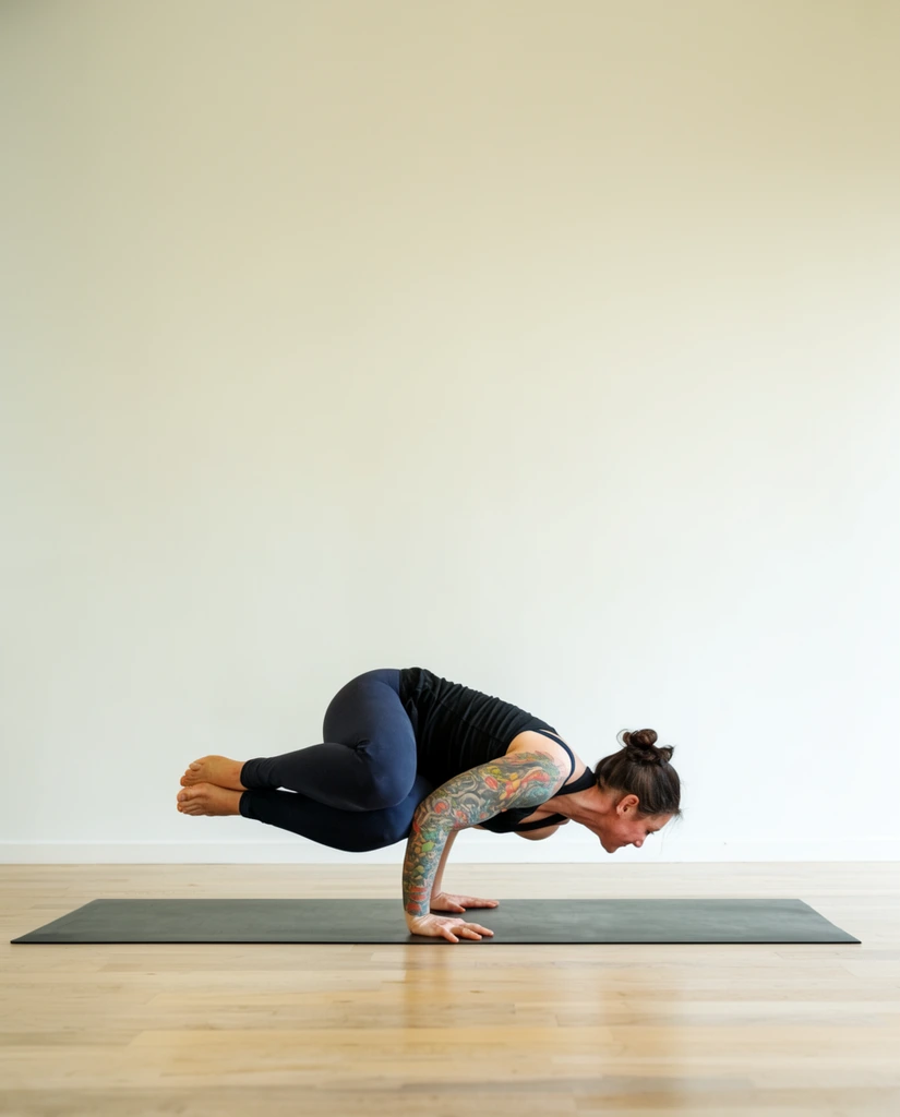 woman in side crow yoga arm balance, balancing horizontally on hands with bent elbows, legs tucked and twisted above ground, wearing black tank top and dark leggings, detailed colorful tattoo sleeve on right arm, positioned in lower third of frame on a dark grey yoga mat, light wood floor, expansive plain off-white wall dominating the upper frame, minimalist composition, bright diffused natural lighting, wide shot photography