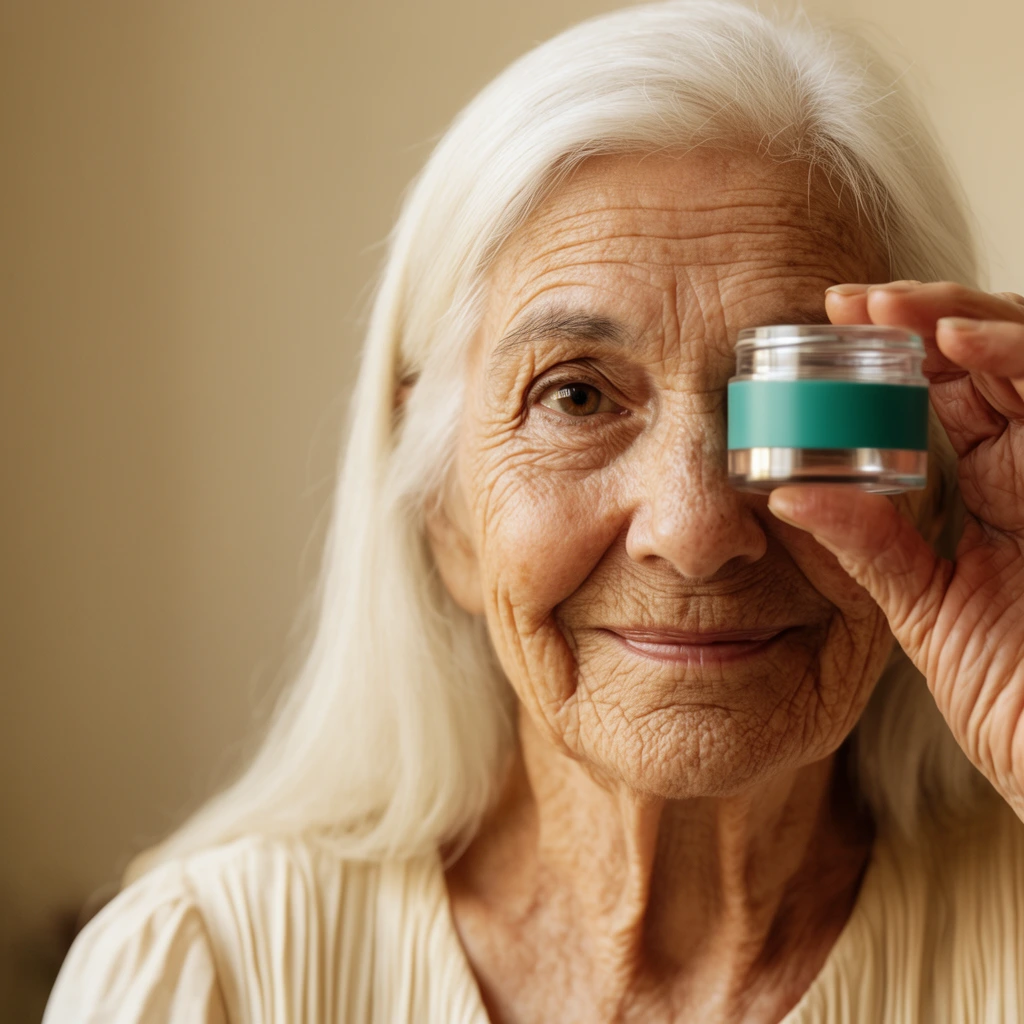 A close-up portrait of an elderly woman with long, straight white hair and deeply textured skin, positioned on the right side of the frame. She playfully holds a small, clear cylindrical jar with a solid teal band over her left eye, looking forward with her visible right brown eye. A gentle, subtle smile rests on her lips. Her aged hand delicately grips the edges of the jar. She wears a light cream top with fine, gathered pleats. The background is a softly blurred, neutral beige wall. Warm, diffused lighting emphasizes the intricate wrinkles of her face and hands, creating an intimate and authentic atmosphere.