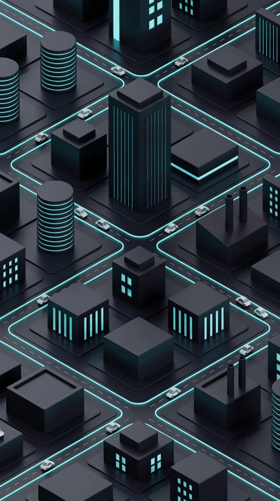 An isometric 3D render of a minimalist dark-mode city grid constructed from matte charcoal blocks with vibrant glowing cyan accents. Cylindrical towers, rectangular high-rises, and a factory sit along black roadways. Small white low-poly cars navigate streets illuminated by continuous neon cyan lines tracing the paths. The sleek, futuristic aesthetic highlights the stark contrast between deep black surfaces and luminous tech-inspired pathways under soft, diffused lighting.