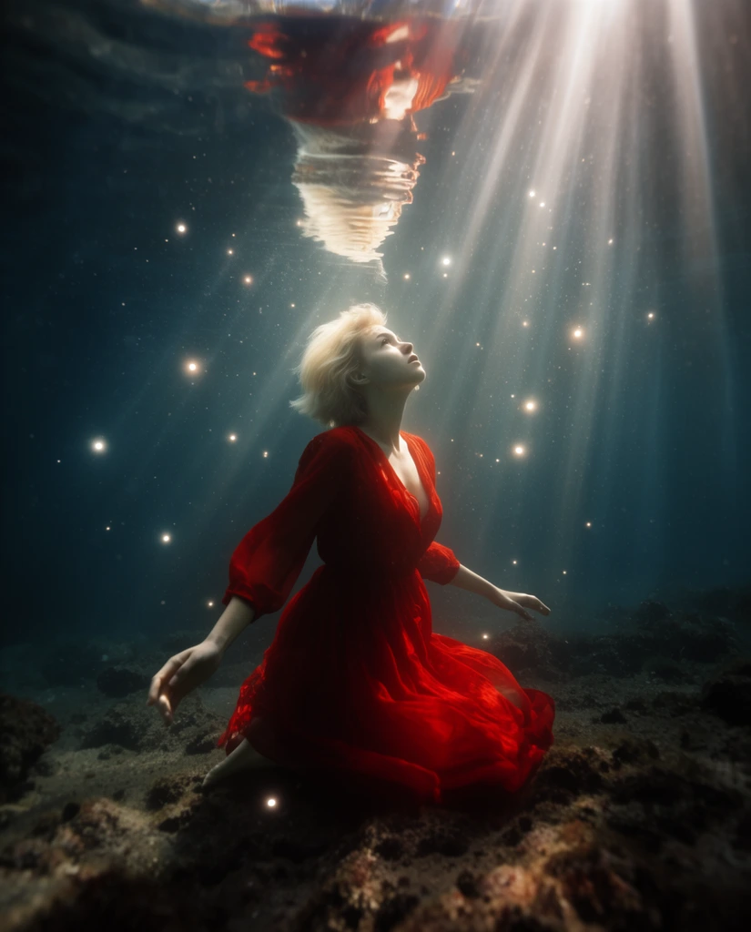 woman submerged underwater in a flowing vibrant red dress, kneeling on a dark rocky seabed, looking up at ethereal sunrays piercing deep murky blue water, illuminated short blonde hair, gently outstretched arms, suspended glowing particles, reflection on the water surface above, dramatic cinematic underwater photography