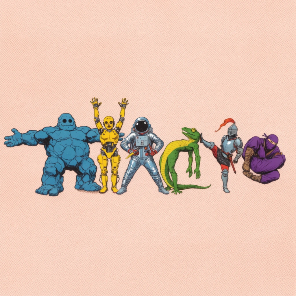 six diverse fantasy characters in a row in bizarre contorted gymnastic poses, bulky blue golem with outstretched arms, yellow cyborg raising arms, silver astronaut in wide stance, green lizard bending backward, knight kicking, purple ninja curled tightly, pale peach background, retro halftone dot pattern, vintage comic art