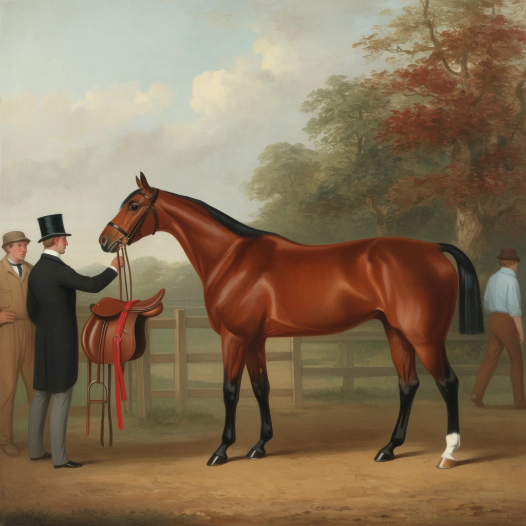 A classical equestrian oil painting portrays a sleek bay horse standing in profile in a pastoral landscape. The athletic horse features a glossy reddish-brown coat, black mane, and a single white hind sock. To the left, a handler in a dark tailcoat, grey trousers, and a top hat holds the horse's bridle alongside a brown leather saddle with red straps. Another man in tan workwear stands just behind him. On the far right, a third figure in a light blue shirt and brown trousers walks away. A wooden post-and-rail fence separates the dirt foreground from a backdrop of mature trees with green and russet foliage. The artwork utilizes muted earth tones, soft natural lighting, and meticulous anatomical detailing under a pale blue sky with fluffy white clouds.