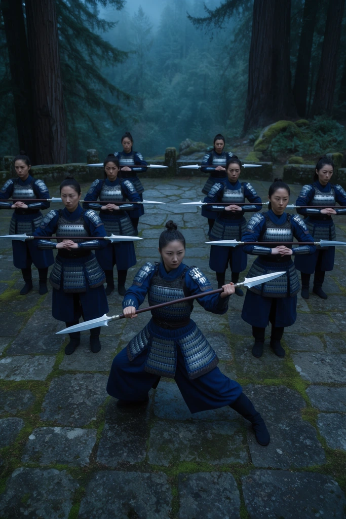 A disciplined phalanx of female warriors executes a synchronized martial arts drill on a misty, moss-covered stone terrace. A central fighter lunges forward in a deep stance, gripping a double-bladed glaive. Surrounding her, a scattered formation of warriors balances identical weapons across their forearms, standing completely still with hands clasped. They wear tiered indigo and silver lamellar armor gleaming in cool twilight. Captured from an elevated wide-angle perspective, the scene emphasizes geometric precision against a rugged atmospheric redwood forest landscape, shot with deep cinematic focus and rich teal color grading.