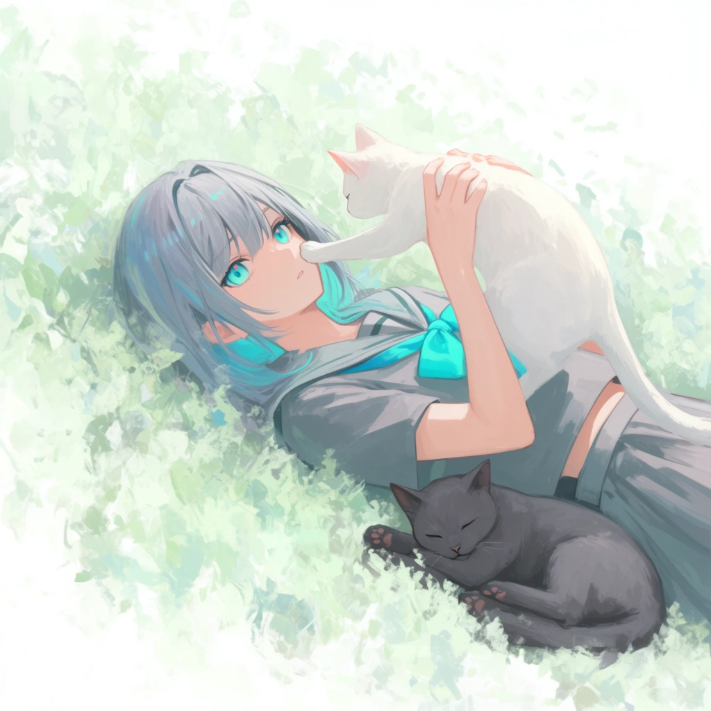 An anime-style digital painting of a young girl with silver-blue hair lying in an abstracted field of pale green and white brushstrokes, holding a white cat while a dark grey cat sleeps beside her. The girl stares upwards with striking cyan eyes, wearing a grey short-sleeved sailor blouse accented by a bright cyan ribbon. She cradles the white cat above her chest, its paw gently touching her cheek, while the second cat rests peacefully curled against her waist. The environment is rendered with loose, impressionistic digital strokes creating a dreamy, textured bed of light foliage that dissolves into a soft white void. A high-angle perspective and soft pastel color palette emphasize a serene atmosphere, contrasting the sharp character features with the highly painterly surroundings.