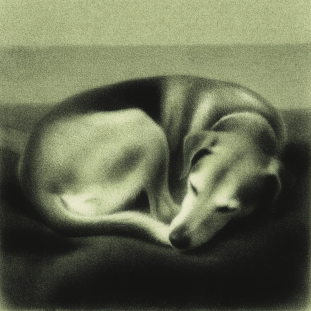 A curled up sleeping dog rendered in a heavily grained, sage-tinted printmaking style. The canine is positioned centrally, tucked tightly into a circular resting pose with its body forming a compact shape on an indistinct, shadowy surface. The dark ground transitions upward into a flat, muted background separated by soft horizontal tonal bands. The visual execution strongly mimics a mezzotint or coarse pastel drawing on highly textured paper, characterized by pervasive, dense stippled noise and exceptionally soft, diffused sfumato edges. A restricted duotone color palette dominates the image, featuring a pale, muted olive-green wash layered over deep, velvety charcoal blacks and luminous off-white highlights. Ethereal, high-contrast lighting causes the lighter portions of the dog's fur to emit a soft glow against the heavy, pitch-black shadows anchoring the bottom of the frame. The composition utilizes a flattened perspective and dense particulate textures to achieve a quiet, vintage print aesthetic.
