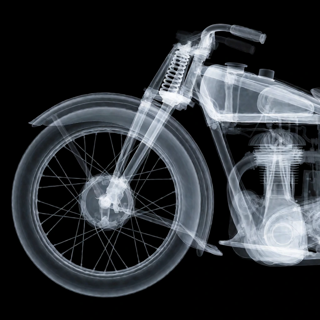 An x-ray side profile of the front half of a vintage motorcycle against a solid black background. Translucent white and icy blue tones reveal the overlapping internal mechanics. A large wire-spoked wheel connects to a girder fork suspension featuring a prominent coiled spring. Hollow outlines define the curved handlebars and fuel tank above the structural tubular frame. The ribbed cooling fins of the engine block are visible through the overlapping transparent layers of the technical imaging.