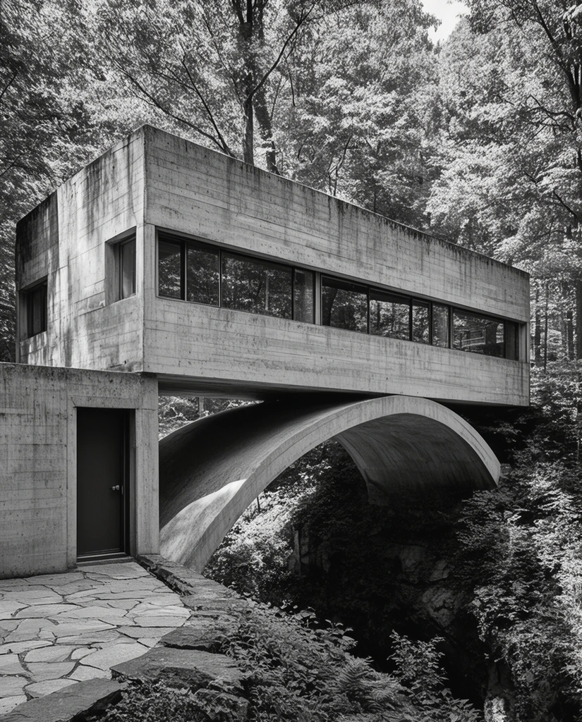 A Brutalist board-formed concrete building spans a ravine in a dense forest. The rectangular upper volume features continuous ribbon windows reflecting the surrounding leafy trees. A massive, smooth concrete arch supports the structure from below, bridging the natural gap. A lower enclosed section on the left includes a dark door and a stone patio. High-contrast black and white photography emphasizes the sharp geometric lines, deep shadows, and raw architectural textures.