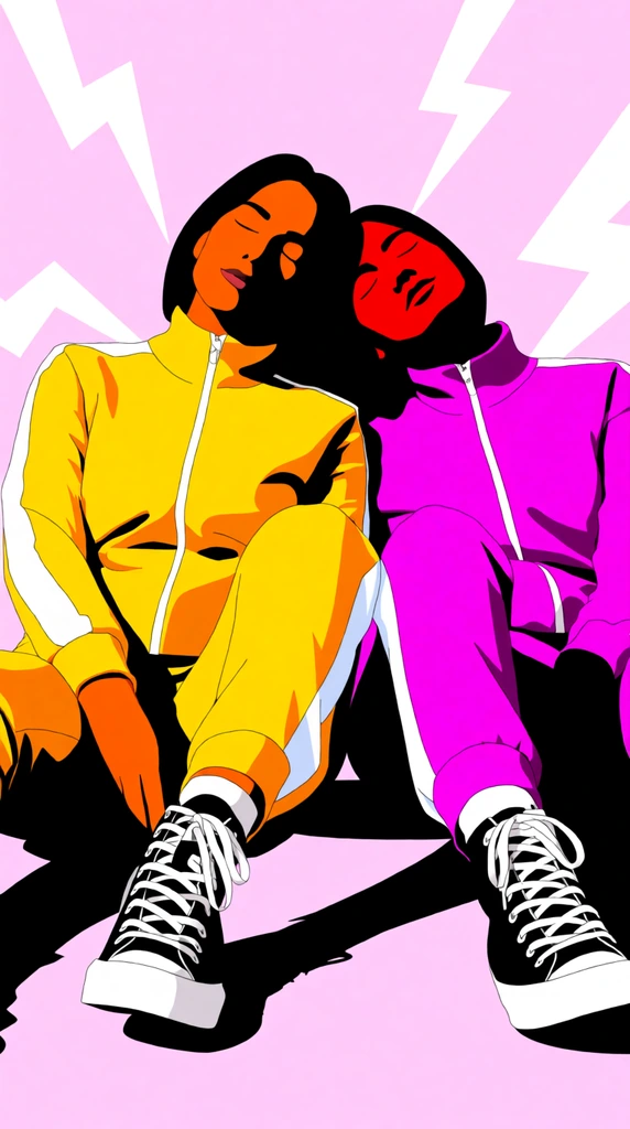 Two stylized figures seated closely, leaning heads together with closed eyes, pop art vector illustration, high contrast cel-shaded coloring, deep black shadows, left figure in yellow tracksuit, right figure in magenta tracksuit, black high-top canvas sneakers, pastel pink background with jagged white lightning lines, hard-edged ground shadows, bold composition