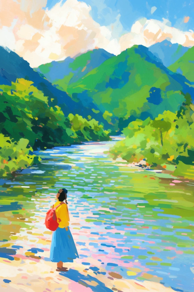 A vibrant, impressionistic landscape painting of a lone figure standing beside a winding river, gazing toward lush mountains. The person in the lower-left foreground wears a yellow top, flowing blue skirt, and red backpack. The textured river dominates the midground, its surface reflecting the environment through bold, horizontal dashes of blue, green, and pastel pink. Dense foliage lines the banks, leading to towering peaks rendered in unblended patches of emerald green and deep cerulean shadow. A bright sky above features voluminous clouds painted with loose, expressive strokes of white and soft peach. The highly stylized, painterly composition employs thick, distinct brushstrokes and a bright, saturated color palette to capture brilliant, idyllic sunlight.