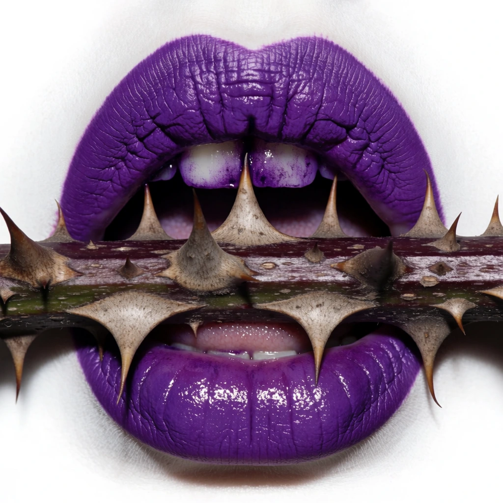 An open mouth with vibrant purple lips bites down on a thick, grayish-purple plant stem covered in numerous sharp thorns. The skin surrounding the mouth is exceptionally pale and smooth, creating a stark contrast with the saturated purple color of the lips. The upper lip displays visible vertical texture lines, while the lower lip appears glossy and moist. A dense array of thorns in various sizes and lengths protrudes from the stem, with several large thorns pointing toward the upper palate and others resting against the lower lip. Inside the dark cavity of the mouth, a purple-tinted tongue is partially visible, along with the edges of white upper teeth. The lighting is direct and bright, casting sharp shadows and highlighting the fine details of the lip texture and the pointed tips of the thorns. The composition is a tight, macro-style close-up centered on the mouth, with the thorny branch running horizontally across the frame. The overall color palette is dominated by shades of deep purple, lavender, and brilliant white, creating a surreal and macabre aesthetic.