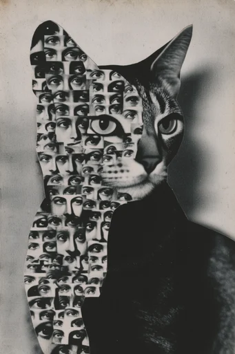 Monochrome Surrealist Montage style reference image — analog halftone aesthetic