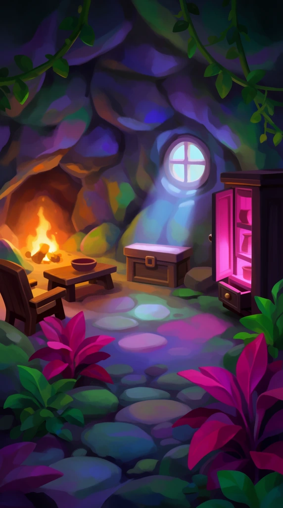 A stylized digital painting of a vibrant cave interior furnished as a living space. A warm fire burns in a rocky alcove on the left, illuminating a wooden chair and low table. The cavern walls consist of rounded rocks painted in deep purples, blues, and greens. On the right, a dark wooden cabinet emits a glowing pink light from an open door. A small round window casts a pale blue light beam onto a wooden chest. Vibrant magenta and green broad-leaf plants grow among smooth floor stones, with vines hanging above. The artwork features soft brushstrokes, dramatic lighting contrast, and a magical fantasy color palette.
