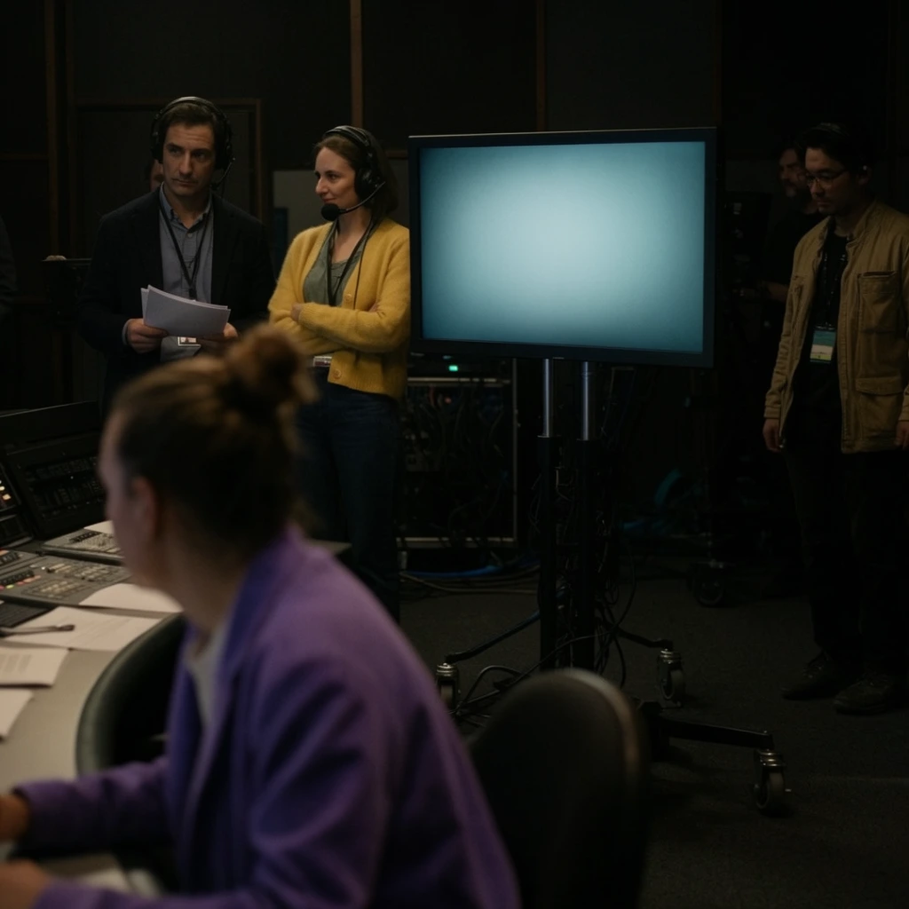 A dimly lit broadcasting control room where production staff stand attentively. In the blurred foreground, an over-the-shoulder view captures a person with a hair bun wearing a purple jacket at a curved desk. The in-focus midground centers on a large monitor on a wheeled stand emitting a soft light-blue glow. Left of the screen, a man in a dark blazer holds documents beside a woman in a yellow cardigan wearing a headset. To the right, a crew member in a tan jacket observes from the shadows. Exposed cables and dark paneled walls fill the background. Cinematic low-key lighting and shallow depth of field isolate the illuminated crew against the dark studio, contrasting the cool monitor glow with muted clothing tones.