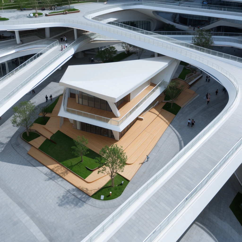 An aerial bird's-eye view captures a contemporary multi-level urban complex defined by intersecting geometries. Sweeping white elevated walkways with glass balustrades curve organically above a vast grey paved plaza. A modern, angular two-story pavilion sits at the center, surrounded by terraced light wood decking and geometric patches of green grass with small trees. Tiny figures of pedestrians navigate the interconnected levels. Shot in bright natural daylight, the architectural photography emphasizes crisp white structural lines, smooth textures, and the intricate layered depth of the futuristic public environment.