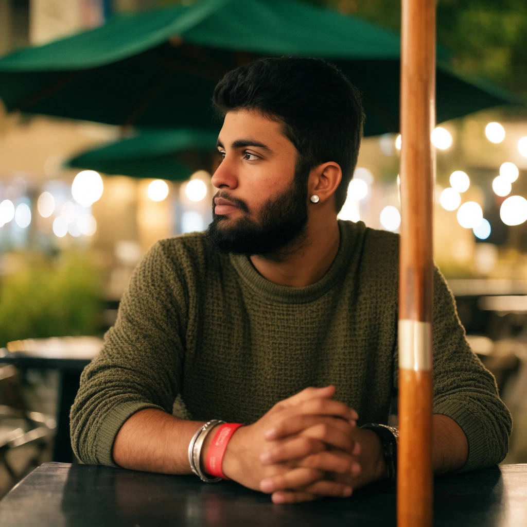 A young bearded man in a textured olive sweater gazes left, resting clasped hands on a dark outdoor table. He wears a stud earring, silver bracelets, and a red wristband. A wooden umbrella pole frames the right foreground. Shallow depth of field blurs the night background into warm glowing bokeh with green patio umbrellas.