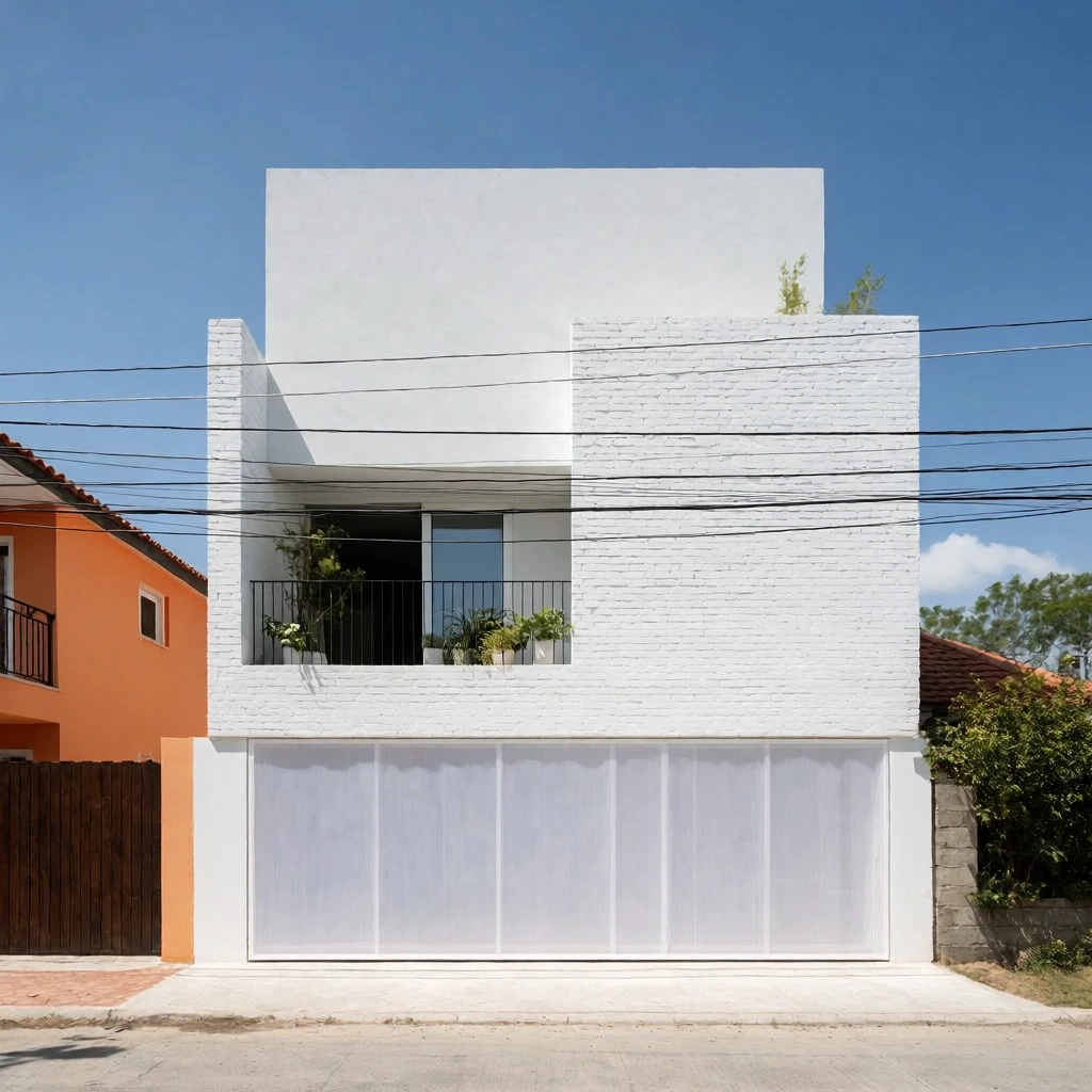 modern white geometric building, painted white brick and smooth plaster facades, recessed balcony with black railing, potted plants, translucent white ground-floor screen, intersecting horizontal power lines, adjacent orange house, paved street, bright blue sky, minimalist architectural photography, harsh daylight, straight-on perspective