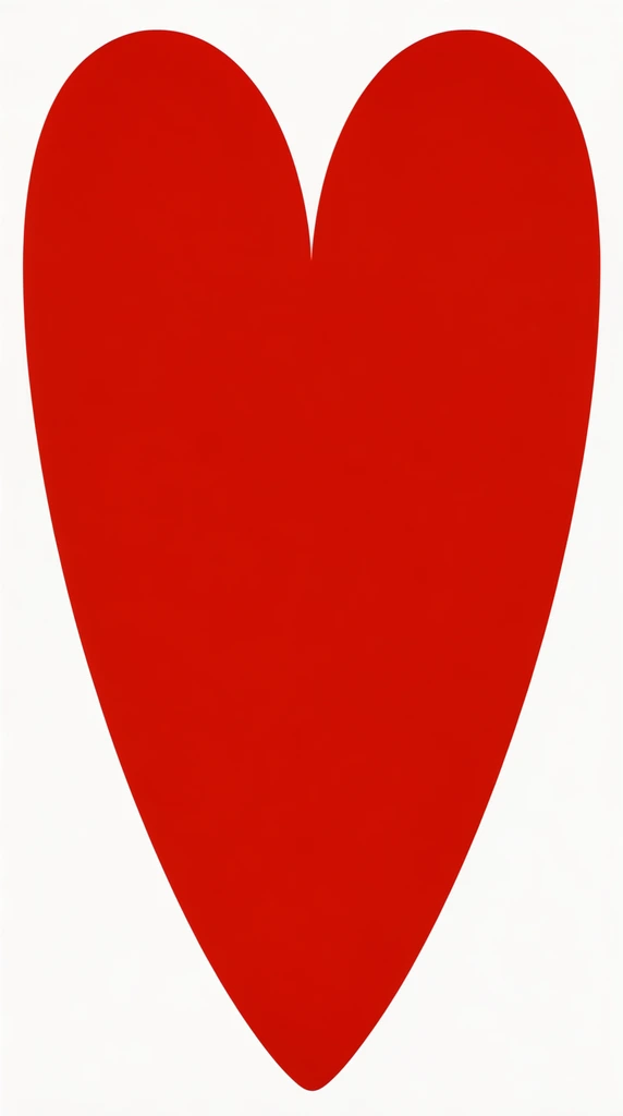 massive flat solid red elongated heart shape dominating a white rectangular background, minimalist graphic design, high contrast bold color blocking, smooth matte surface texture, symmetrical vertical composition, stark simplicity
