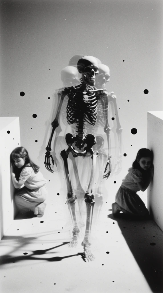 A skeletal creature stalks down a stark white aisle while two girls hide nearby, rendered in high-contrast black and white photography featuring stroboscopic motion trails and floating black dots. The skeletal creature occupies the central space, its bony form rendered in sharp monochrome. Faint, semi-transparent ghost images of the skeleton trail behind it in overlapping layers, forming a multiple-exposure motion effect. Two girls crouch low in the periphery, pressing themselves against the stark, minimalist white structures flanking the aisle. Harsh, directional lighting casts deep, solid black shadows from the creature, the girls, and the structural elements onto the brightly illuminated white floor and seamless background void. Scattered randomly across the pale space are perfectly round, solid black dots of varying small sizes floating in the air. The composition possesses a vintage analog film aesthetic with noticeable grain, smooth tonal gradients in the semi-transparent layers, and the dramatic, crisp edges of a high-contrast silver gelatin print.