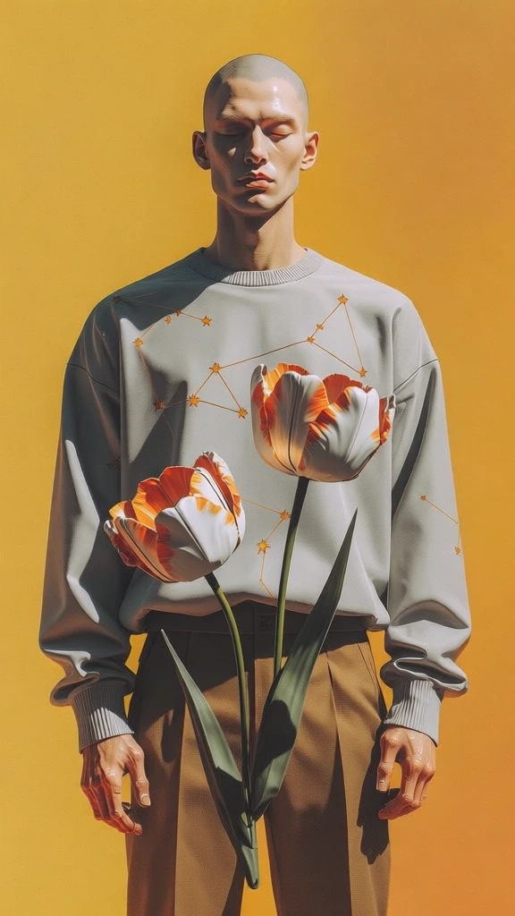 a single bald man standing center foreground facing forward with closed eyes, wearing a matte grey sweater with a fine-line star constellation pattern and structured trousers, two large hyper-realistic tulips floating weightlessly before his torso, rendered in a crisp 3d style with sharp directional studio lighting and deep graphic shadows, set against a flat saturated cadmium yellow backdrop, high-contrast minimalist composition, smooth tactile surfaces, cinematic digital grain.