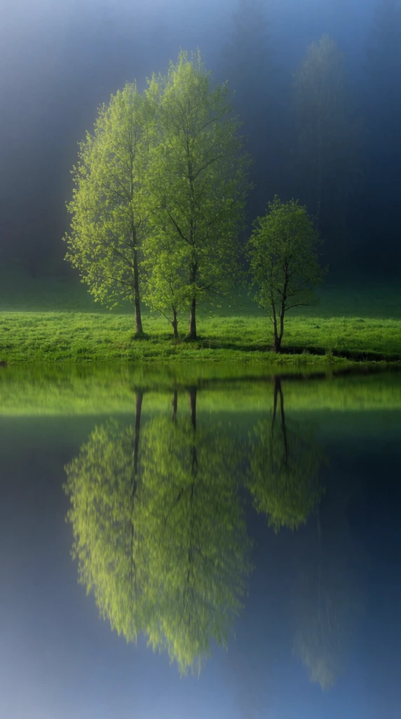 vibrant green trees on a grassy bank, perfect mirror reflection in still water, dense dark blue fog background, ethereal lighting, atmospheric landscape
