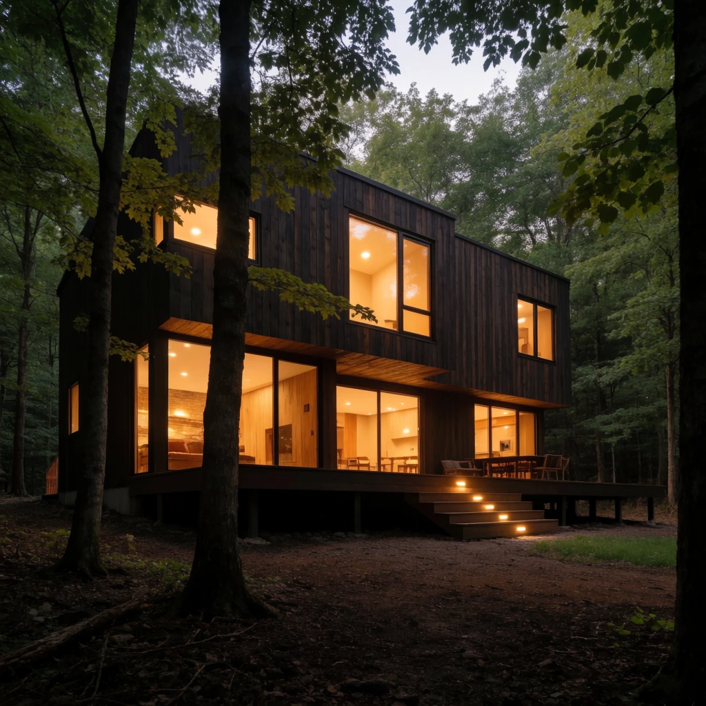 modern dark wood house in dense forest, glowing warm interior lighting seen through large windows, elevated deck with step lights, trees framing the structure, twilight architectural photography