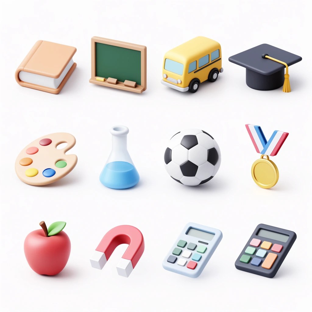 3D isometric education icons in a 3x4 grid, book, chalkboard, yellow bus, graduation cap, paint palette, chemistry flask, soccer ball, gold medal, red apple, horseshoe magnet, calculator, soft pastel color palette, minimalist smooth rendering, subtle drop shadows, clean white background