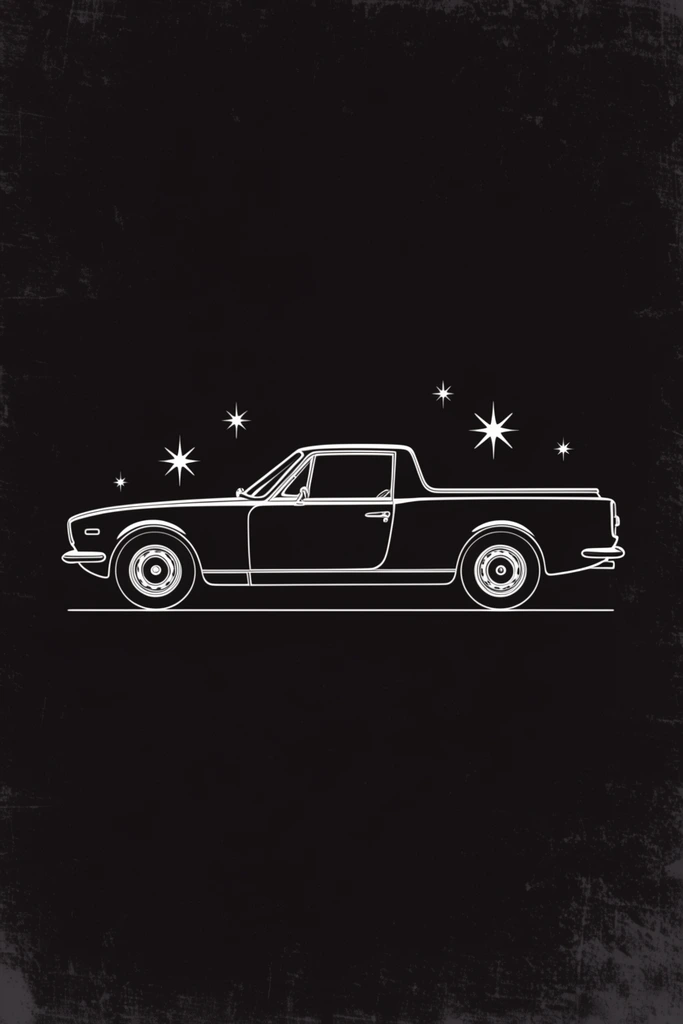minimalist white line-art illustration of a vintage coupe utility vehicle in side profile, sleek retro automotive design, scattered four-point starburst graphics, solid black background with a subtle distressed grunge texture, monochromatic color palette, high contrast, clean vector style linework