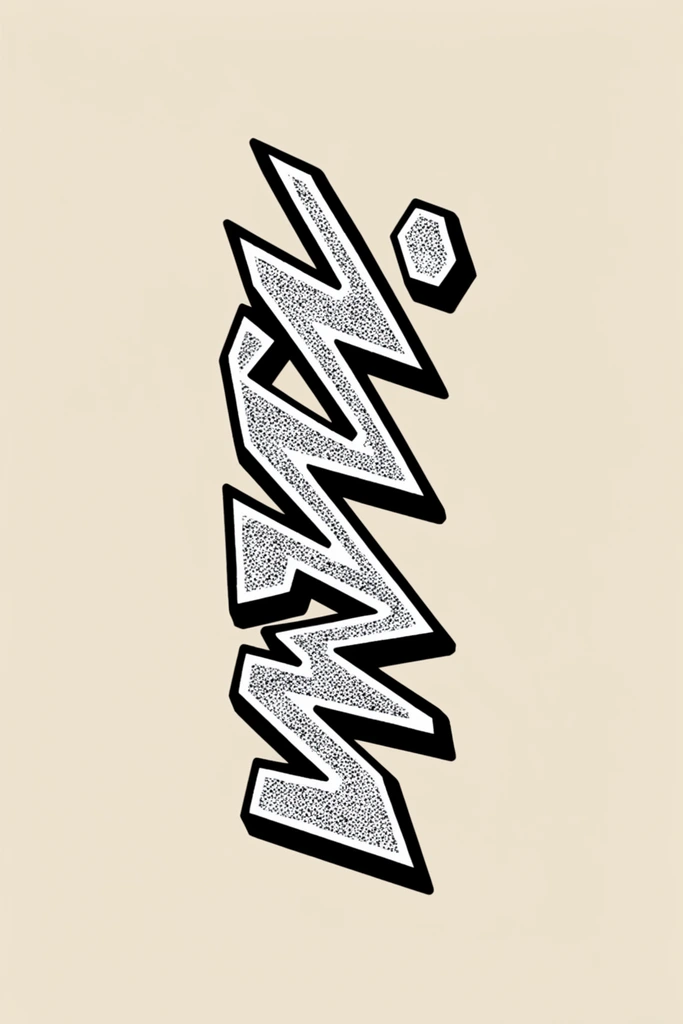 A vertical, jagged abstract geometric graphic is centered against a solid pale beige background. The high-contrast monochrome shape features sharp, lightning-like angles, interlocking blocks, and a small hexagon attached near the top right. Rendered with a heavy black outline, the stark white interior spaces are detailed with dense black stippling and halftone dot shading. A thick black offset shadow creates a stark pseudo-3D extrusion effect. The minimalist composition highlights a raw, street-art inspired aesthetic with crisp, vector-like precision.
