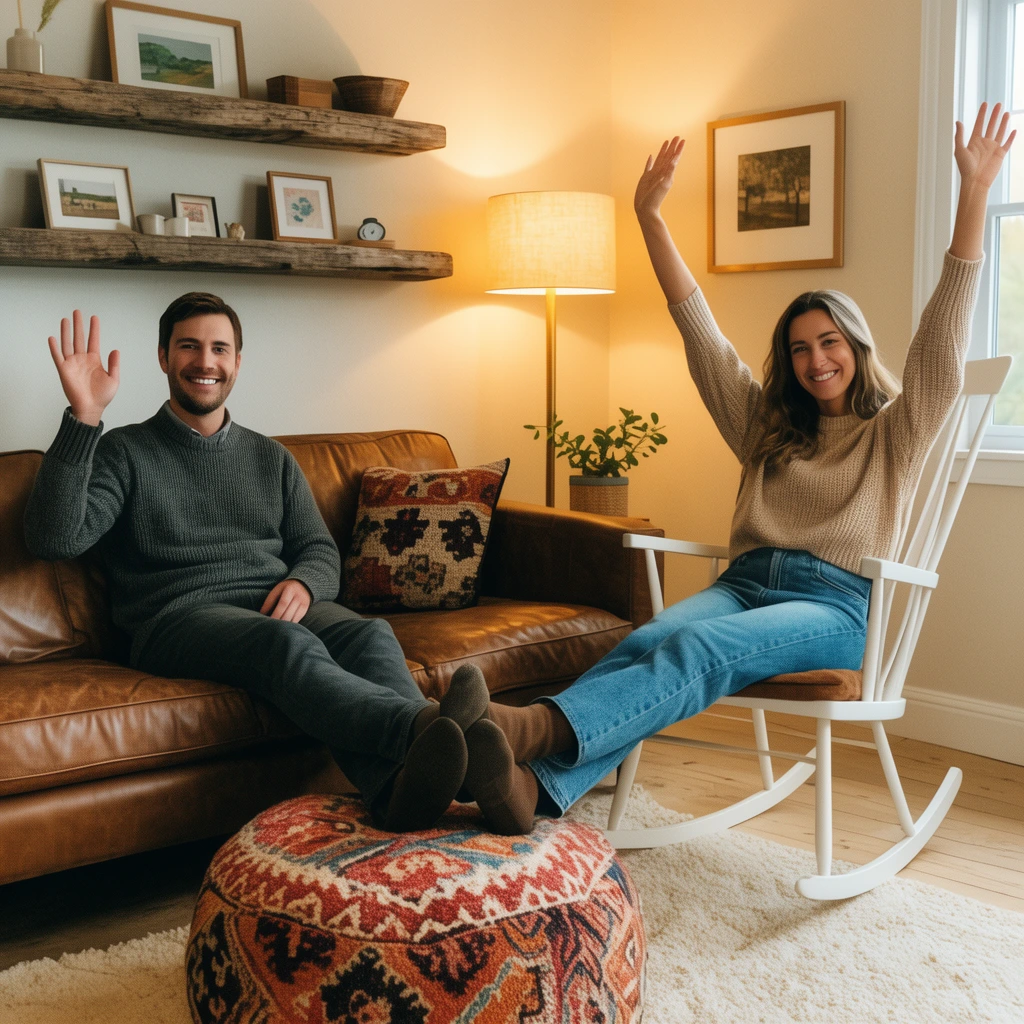A man and woman wave cheerfully in a cozy living room. He sits on a brown leather sofa resting his feet on a patterned pouf, while she raises both arms from a white rocking chair. Warm light from a floor lamp illuminates rustic floating shelves, framed art, and a cream rug on light wood floors.