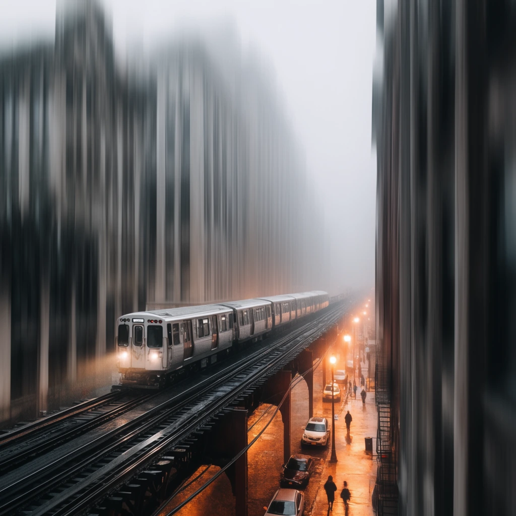 An elevated train with bright headlights travels along a track above a foggy city street. The towering buildings flanking the street are heavily distorted by a dramatic vertical motion blur, transforming into long, vertical streaks of gray and black. Below, a wet road glows with warm orange light from streetlamps, illuminating several cars and small pedestrian silhouettes. The sharp focus on the train and lower street contrasts starkly with the surreal, vertically smeared architecture.