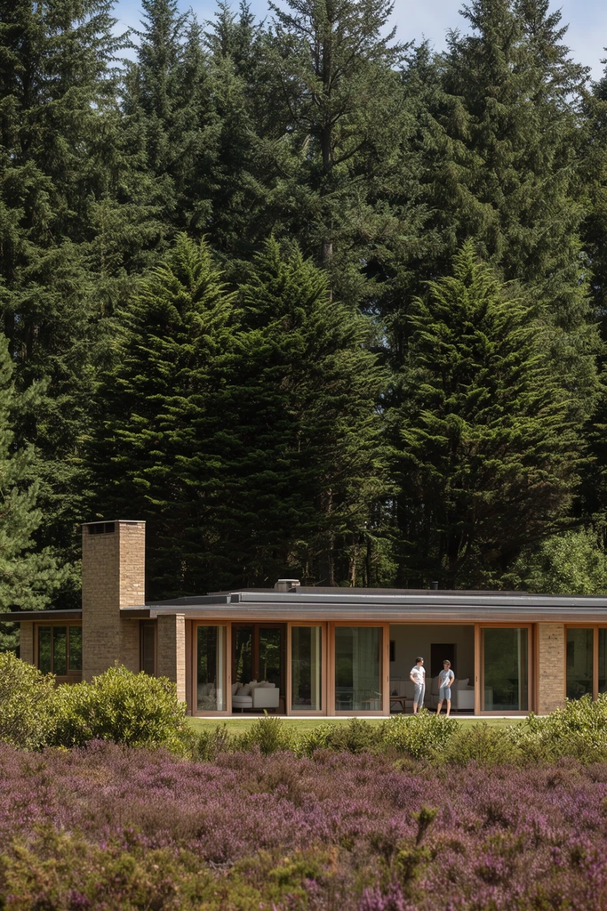 single-story modern house with a flat roof, large floor-to-ceiling glass windows with wood frames, tan brick exterior, tall stone chimney, two small figures standing casually on a patio by open sliding doors, visible living room interior, lush foreground field of low-lying purple heather and green bushes, towering dense evergreen forest dominating the background, bright natural daytime sunlight, architectural photography, serene woodland setting, wide composition, earthy color palette of deep greens and purples