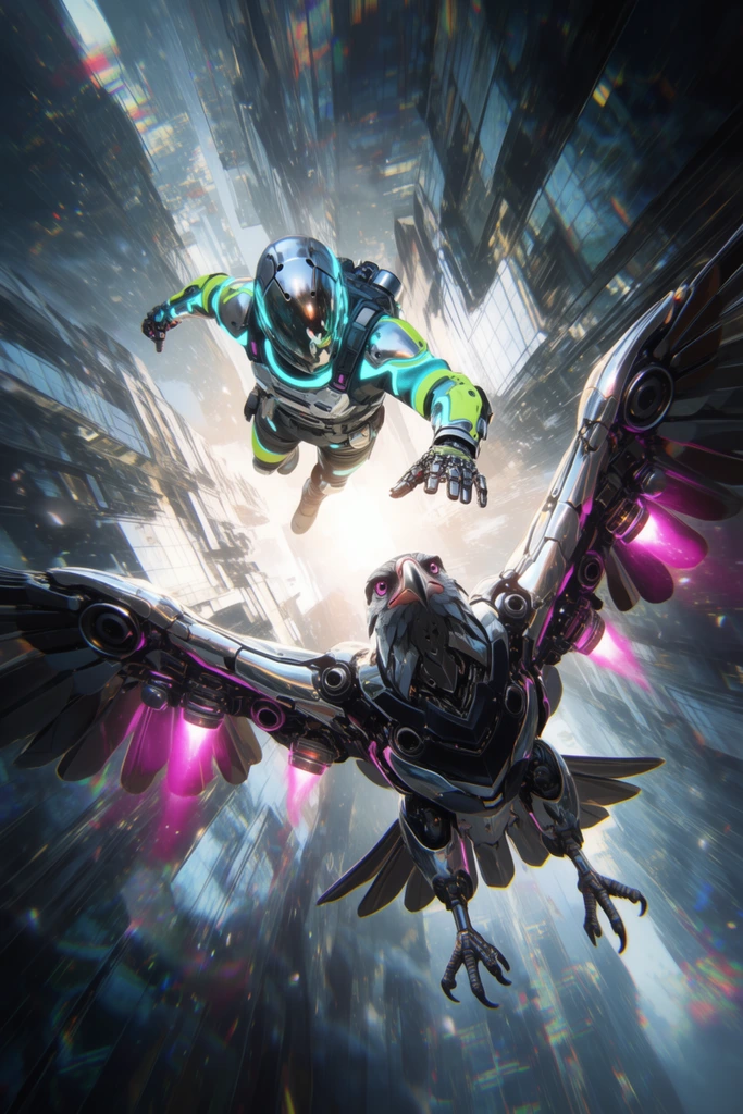 A cybernetic scout in a silver and neon-cyan tactical suit with a mirrored visor leaps downward through a dizzying chasm of towering glass megastructures. The falling figure extends metallic gauntlets toward a massive biomechanical falcon soaring upward. The giant robotic bird features articulated chrome wings, glowing magenta thrusters, and obsidian armor. An extreme vertical perspective looks deep into the urban canyon where a blinding white light flares, casting dramatic rim lighting across the subjects. The dynamic digital illustration emphasizes high-speed mid-air action with heavy chromatic aberration, sharp foreshortening, motion blur, and swirling atmospheric particles.