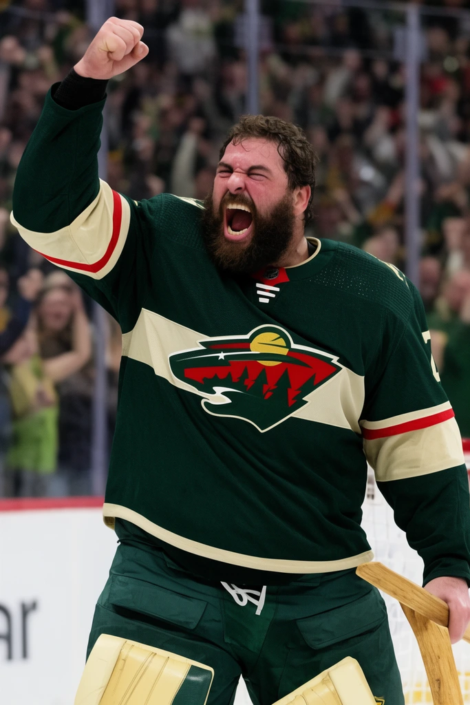 heavyset bearded hockey player roaring in triumph, dark green and gold jersey, raised fist, wooden goalie stick, blurred fans behind plexiglass, sports photography