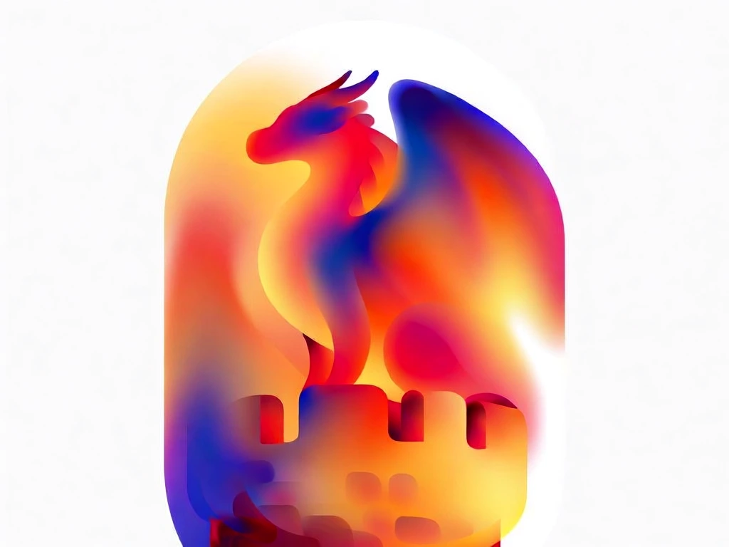 majestic dragon perched atop ancient stone castle battlements, stylized as a fluid mesh gradient within a soft vertical capsule, vibrant palette of fiery crimson, deep sapphire blue, and incandescent amber, ethereal luminescent textures, smooth organic color transitions, atmospheric depth, minimalist white background, soft focus, high-end brand aesthetic, digital art, abstract impressionism, cinematic composition